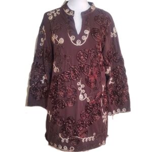 Lauren Michelle brown cream rayon blend soutache embroidered Boho tunic top L